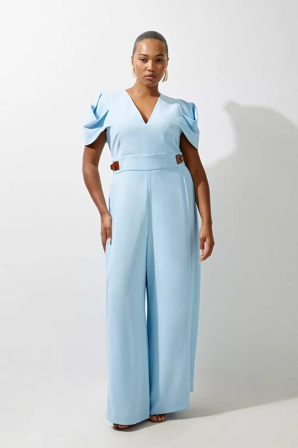 Karen Millen Womens Plus Size Soft Tailored Crepe Tab Detail Pleated Jumpsuit Pale Blue Size 14